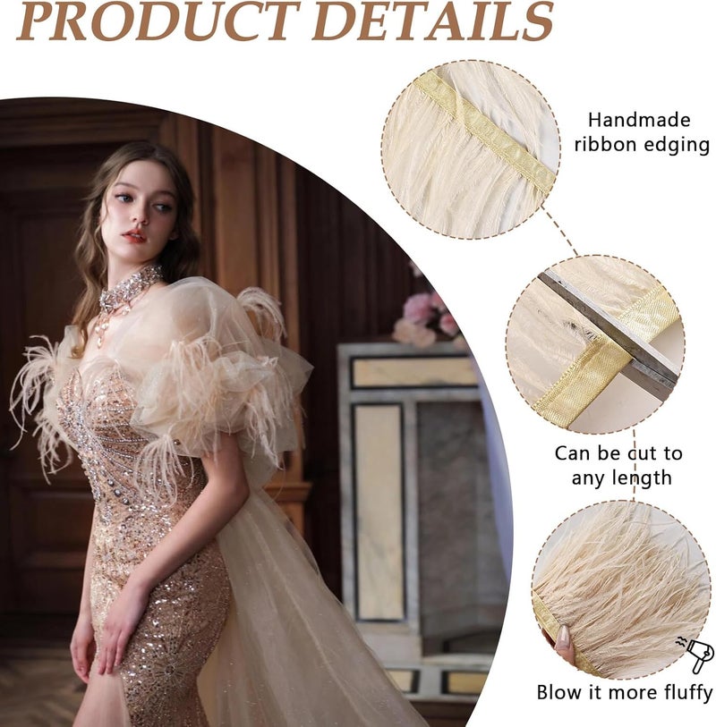whitefeather 2 Yards 4-6inch Dyed Ostrich Feathers Trim Fringe for DIY Dress Sewing Crafts Ostrich Feathers Costumes Decoration (Champagne) - Image 3